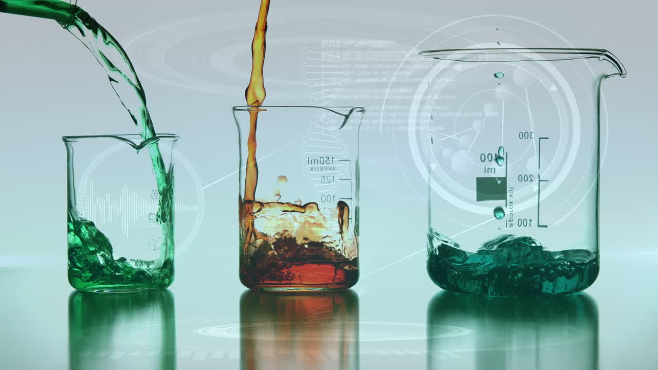 animación de la cadena de adn y procesamiento de datos sobre vasos con líquido