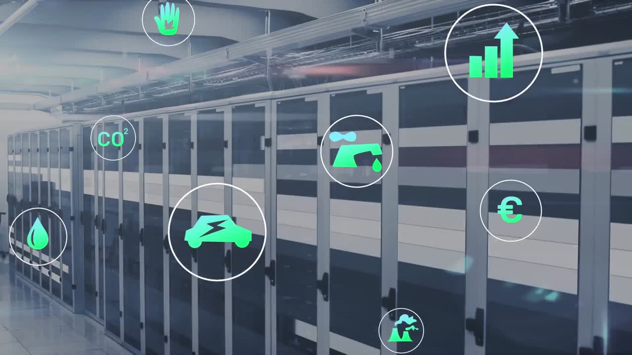 서버 의 데이터 서버 랙에 움직이는 바 위에 여러 아이콘의 애니메이션