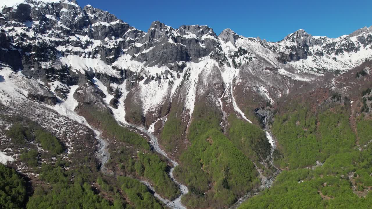 paisaje montañoso con picos rocosos cubiertos de nieve y laderas verdes en los alpes albaneses