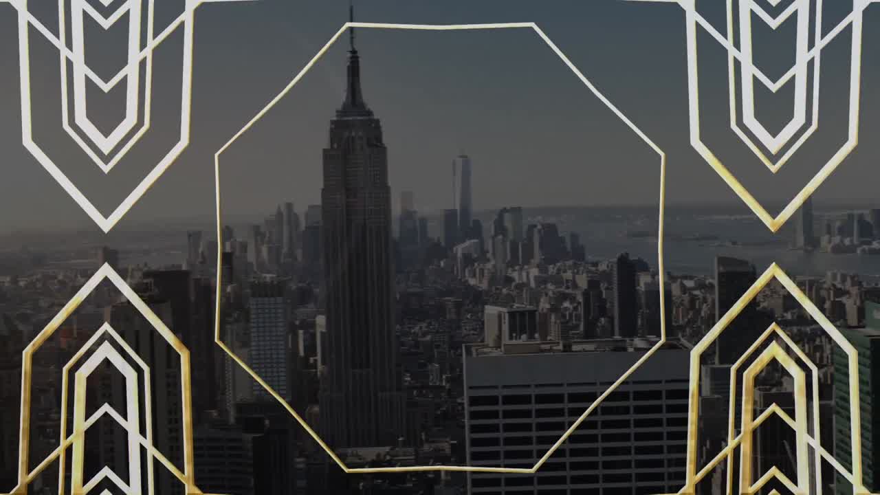 도시 풍경 위의 금색 모양의 애니메이션