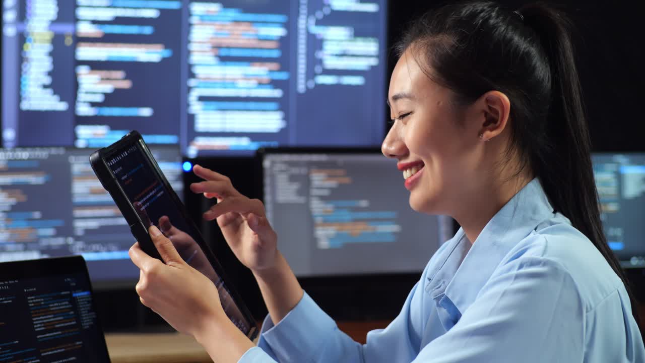 Close Up Side View Of Asian Female Programmer Looking At Database On Tablet While Writing Code By A Laptop Using Multiple Monitors Showing Database On Desktops In The Office