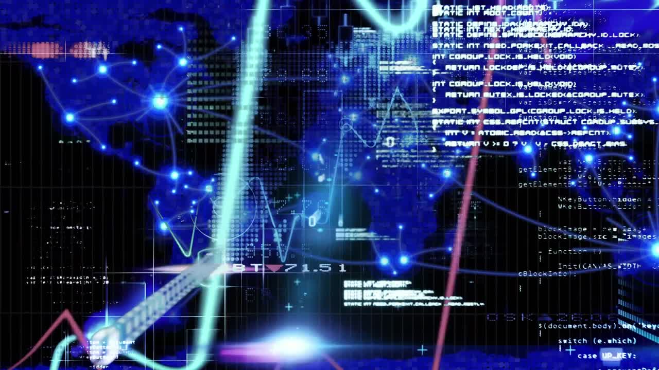 블랙 배경의 세계 지도에 대한 그래프의 디지털 애니메이션과 데이터 처리가 움직입니다.