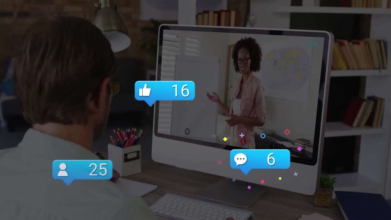 animación de iconos y números de redes sociales sobre mujer afroamericana en llamada de video portátil