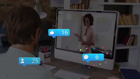Animation-Von-Social-Media-Symbolen-Und-Zahlen-über-Einer-Afroamerikanischen-Frau-Bei-Einem-Laptop-Videoanruf