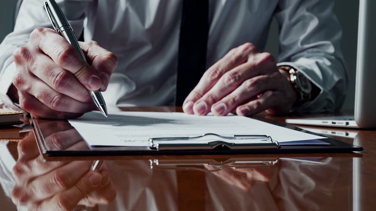 Close-up video angle of a businessperson signing documents at a desk, emphasizing professionalism