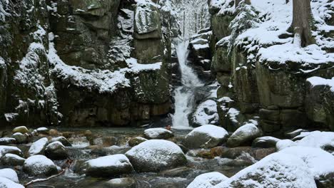 man jumping in a icy river, at a waterfall, in middle of snow covered forest, on a dark, overcast, winter day - static shot