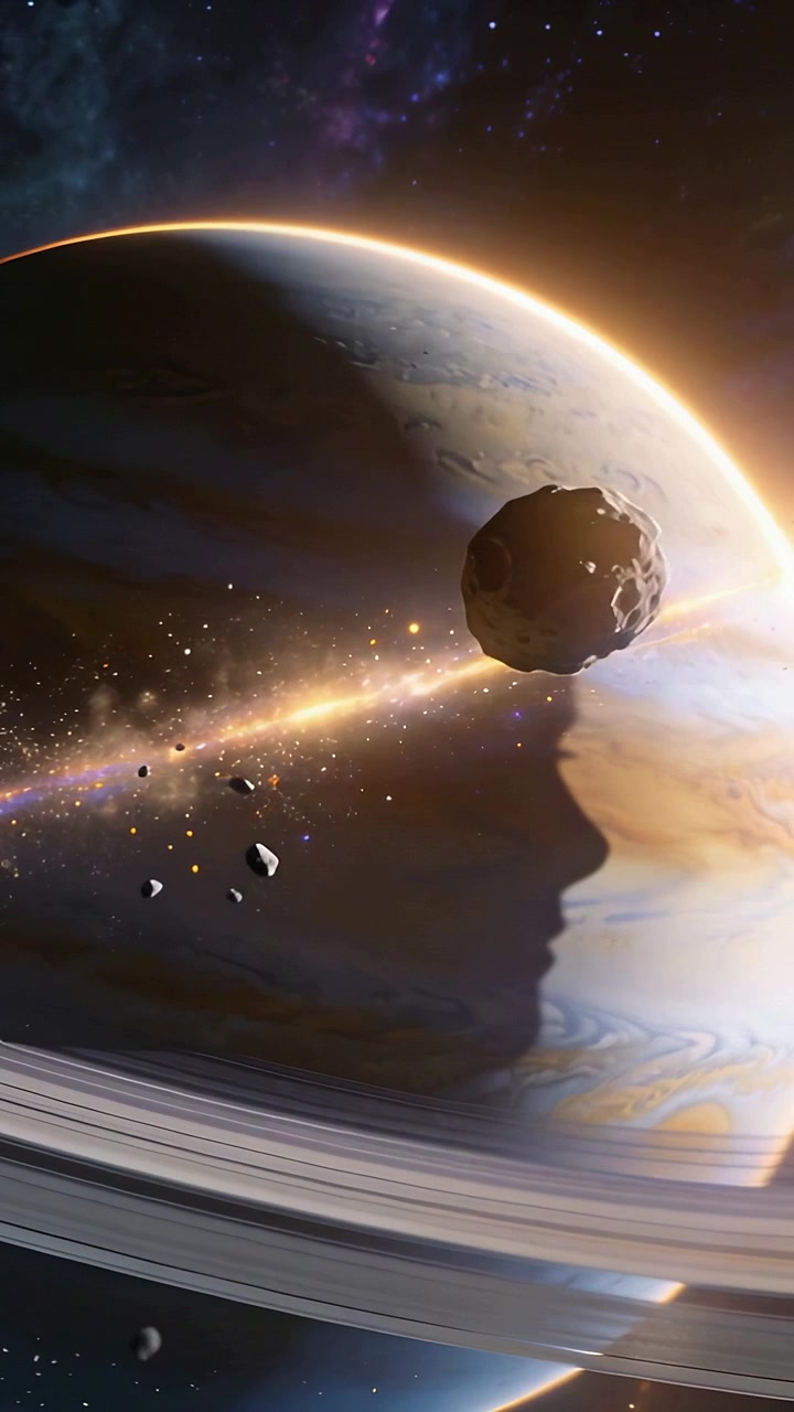 Video verticale: Mostra un gigante anellato con ombra nello spazio, il sole che sfiora il bordo e polvere di asteroidi in movimento.