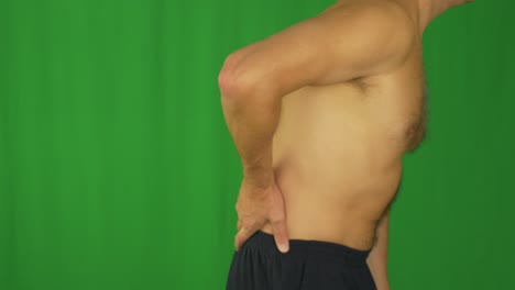 vista lateral del torso del hombre caucásico. hombre acariciando la parte inferior de la espalda con las manos.