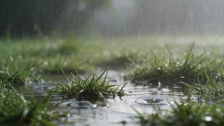 Striking raindrops sending ripples around centered grass tuft in shallow puddle as rain continues