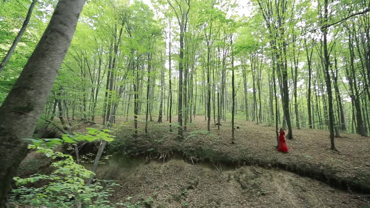 Romantic Stylish Girl In The Forest. Romantic stylish girl in long red dress in the forest