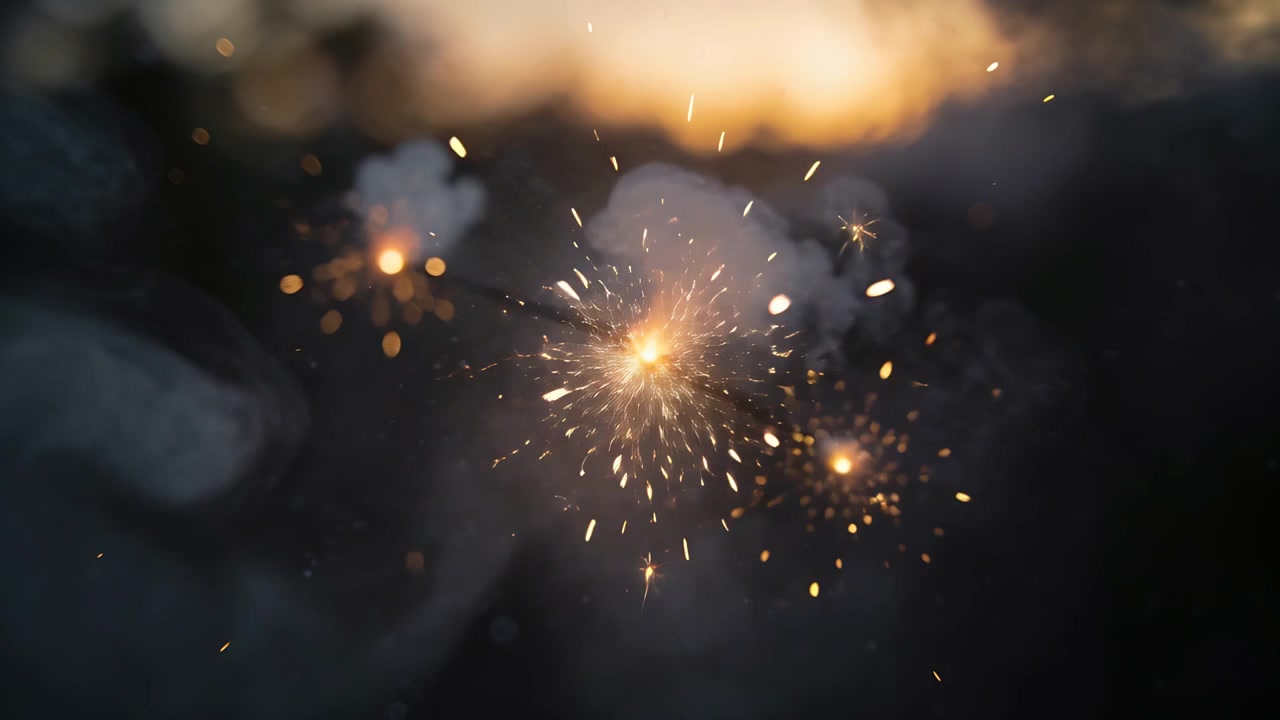 Accensione di una sottile miccia scura, una piccola brace che si illumina e manda scintille al crepuscolo, producendo fumo