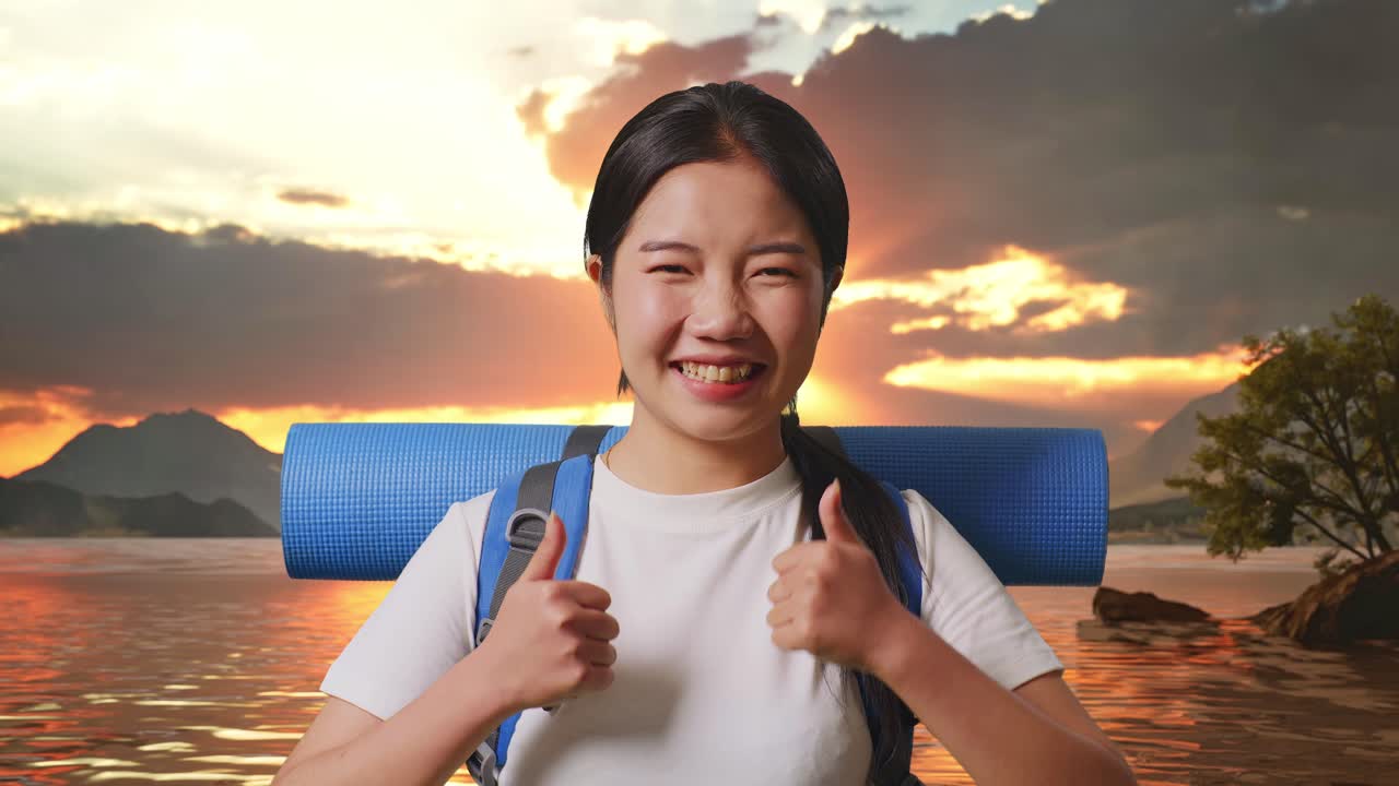 해가 지는 동안 행복한 여인 여행자