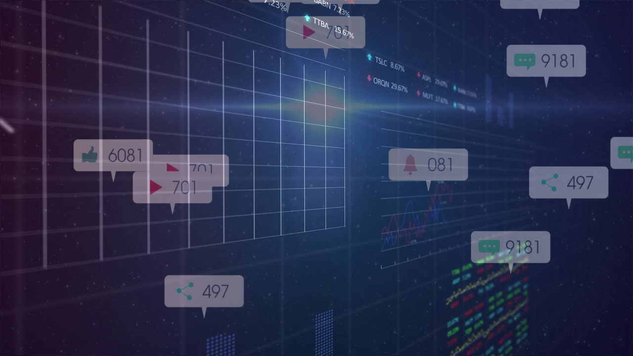 Data visualization displaying floating GUI bubbles moving across clear 3D grid with stock tickers