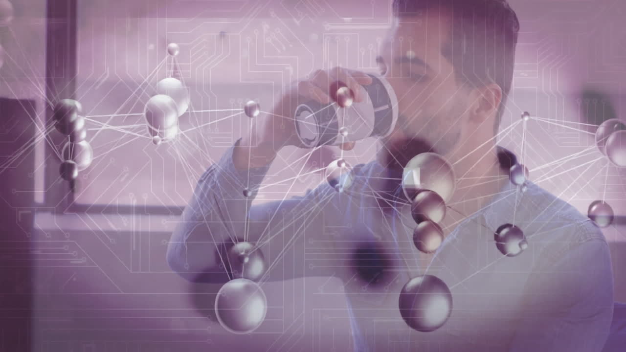 Man drinking coffee with molecular structure and circuit board animation overlay