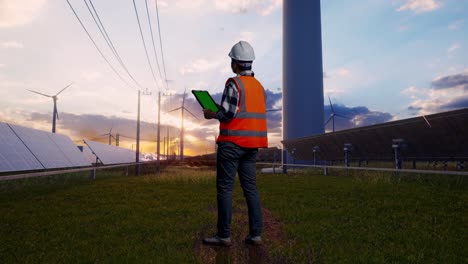full body back view of asian male engineer with safety helmet working on a green screen tablet and looking around while standing with solar panel and wind turbines