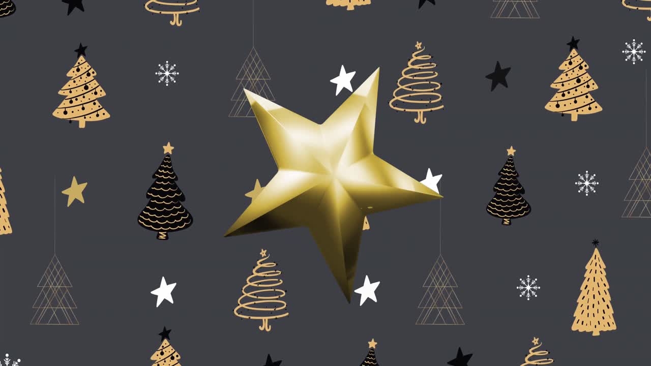 Animazione di una stella 3D dorata che si muove su stelle e alberi di Natale su sfondo grigio scuro