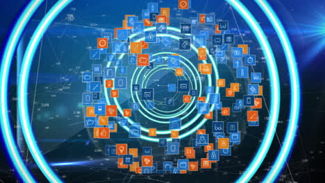 iconos digitales y animación de procesamiento de datos sobre interfaz circular azul