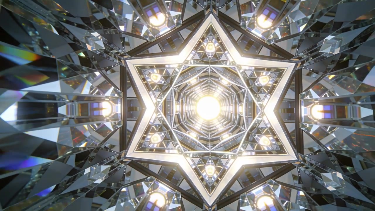 Stella rotante che sposta i bagliori attorno a una luce centrale in un tunnel di vetro, il fotogramma cambia creando scintille.