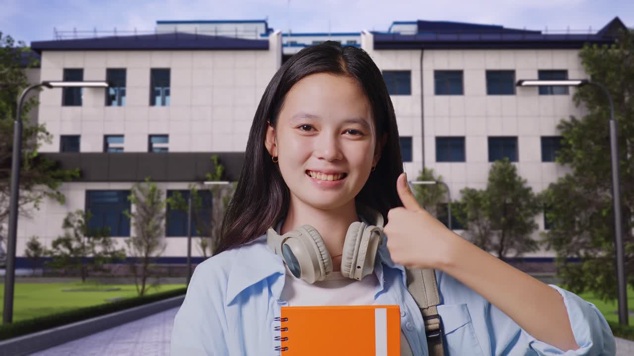 학교 건물 앞에 서 있는 아시아 십대 소녀 학생이 배과 몇 권의 책을 들고 미소 짓고 엄지손가락을 보여주며 카메라에 제스처를 하고 있다.