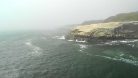 static aerial of cliffside as pelicans disappear into fog