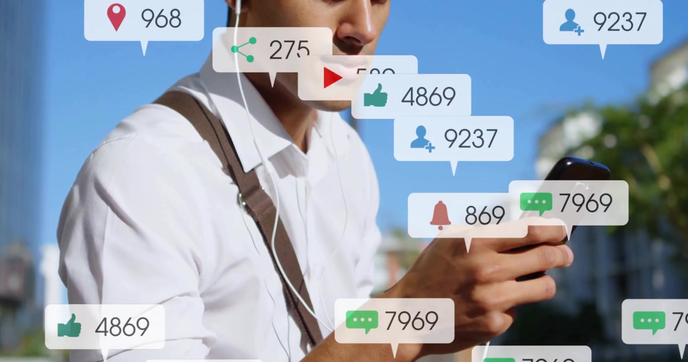 Urban businessman tapping phone on sidewalk watching social media alerts rising tracking engagement