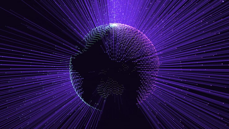 Futuristic sphere with neon lines and glitters on black gradient 1