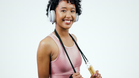 Skipping-rope,-fitness-and-woman-with-headphones