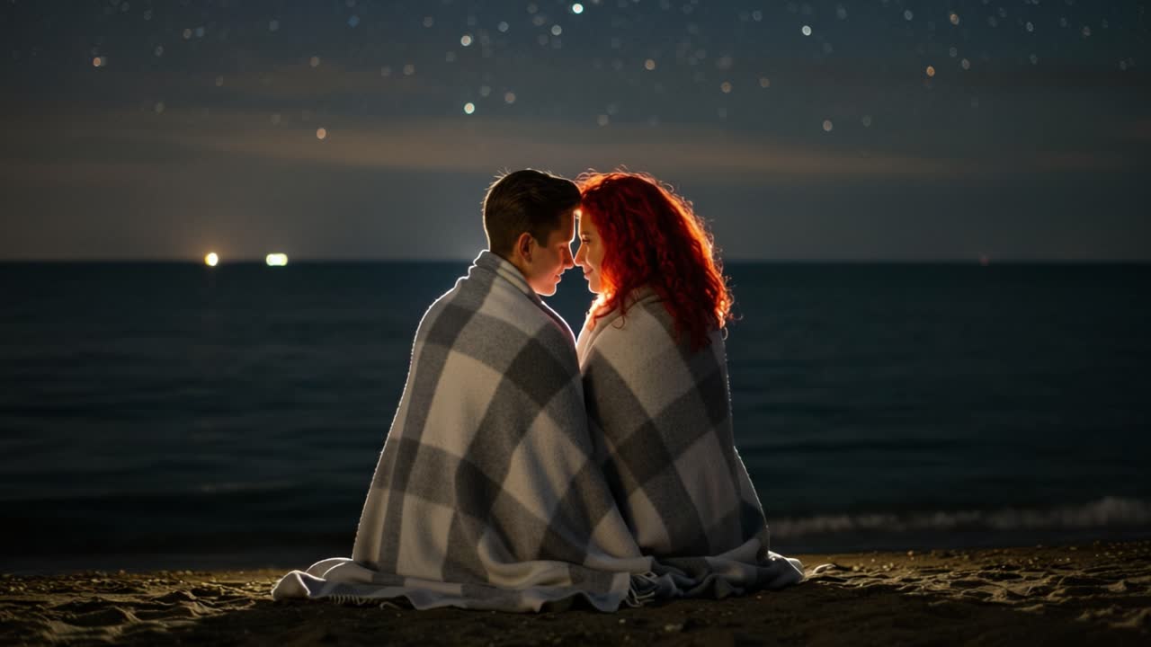 A couple enjoys a tender moment on a serene beach beneath a star-filled sky. Wrapped in a cozy blanket, they share an intimate kiss while the gentle waves lap at the shore. The nighttime setting adds a magical ambiance, with soft lights from distant boats creating a romantic glow. The couple's expre