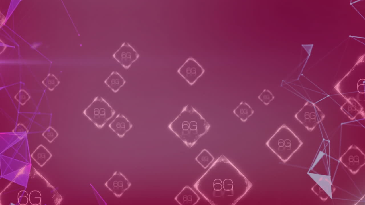 animación de texto 6g y procesamiento de datos sobre fondo rojo