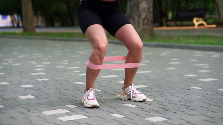 Unrecognizable young woman athlete exercises with pink resistance band doing squats outdoors at local, green public park