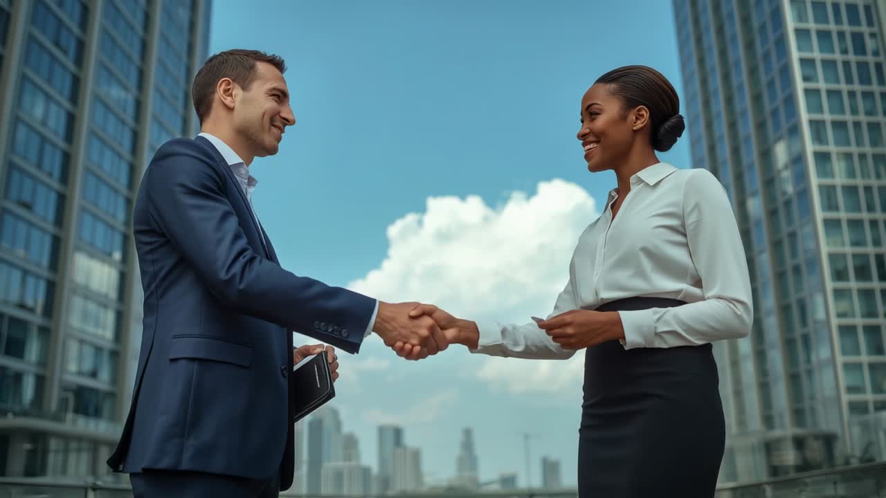 Extending right hand, professionals holding folder shaking hands on terrace signaling agreement