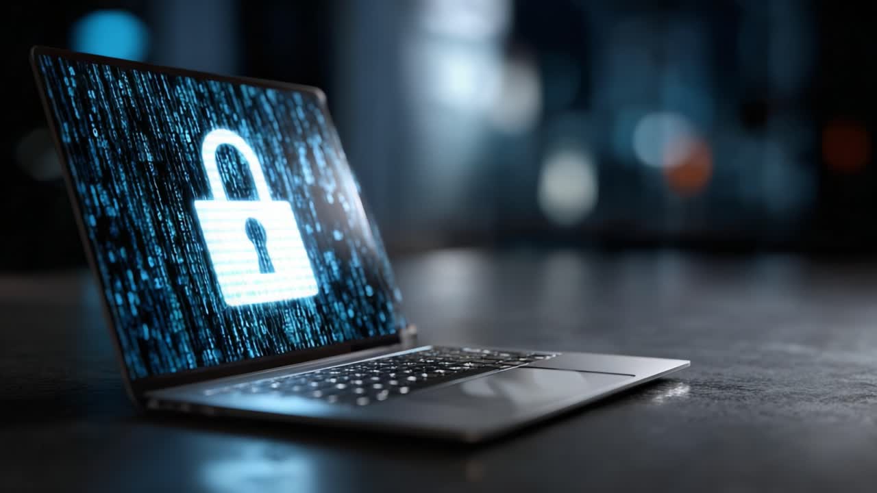 A Secure Laptop Displaying a Digital Lock Symbol Amidst a Background of Glowing Binary Code, Highlighting Technology's Role in Cybersecurity and Data Protection