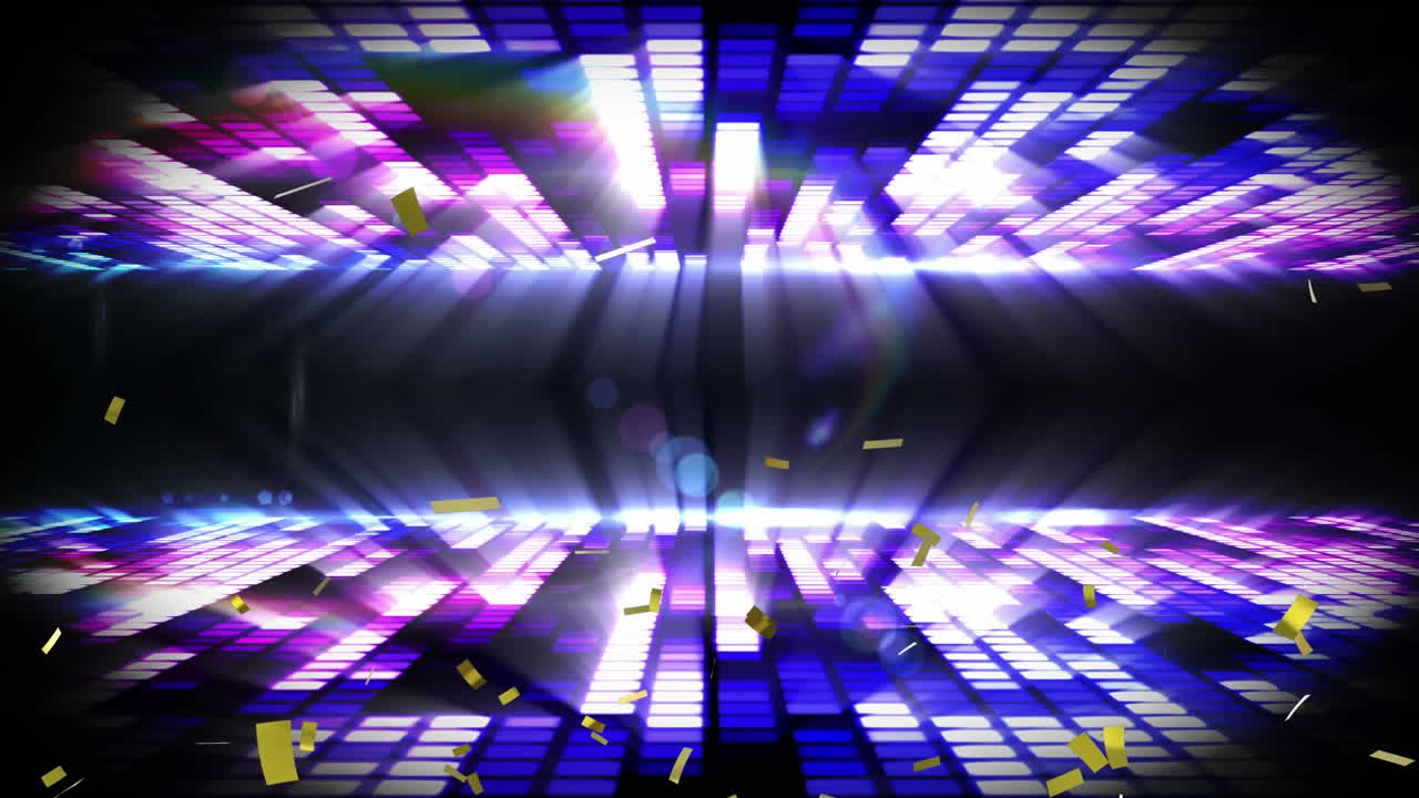 Animazione digitale di coriandoli dorati che cadono su luci da discoteca viola su sfondo nero