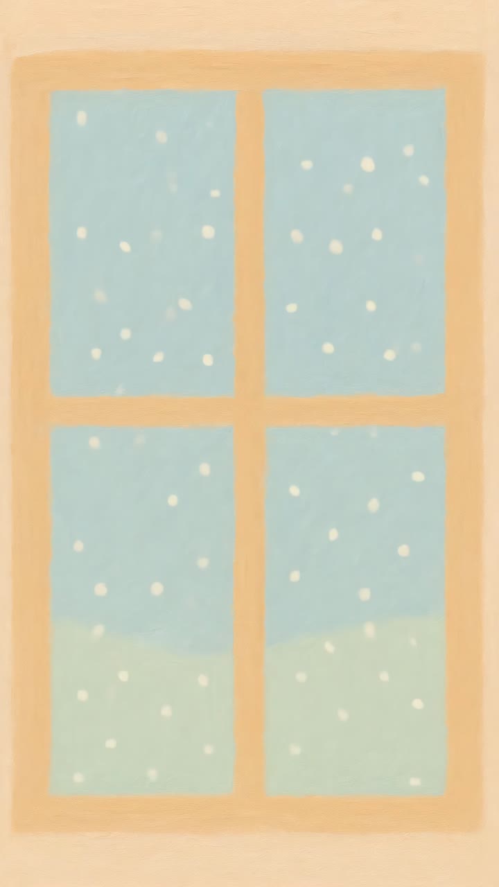 A whimsical, painted view of a snowy landscape through a window