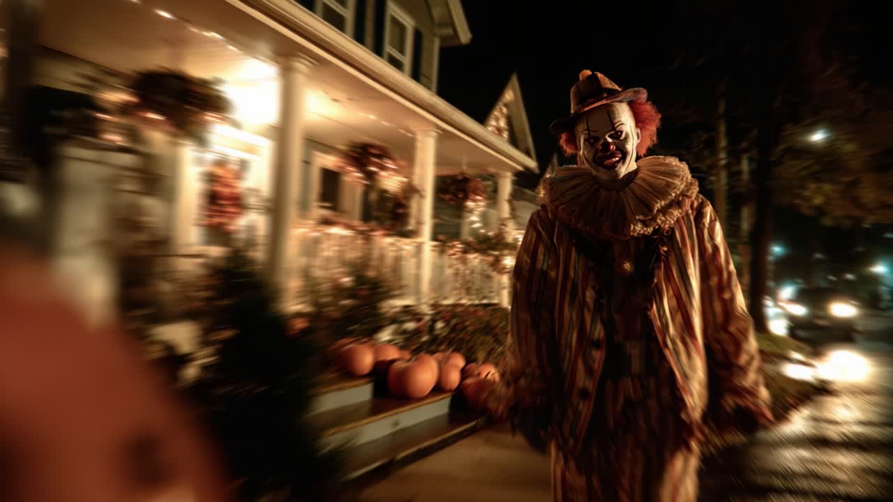 Mysterious Clown Strolling Through Festively Decorated Night Street, Surrounded by Autumn Decor and Pumpkins