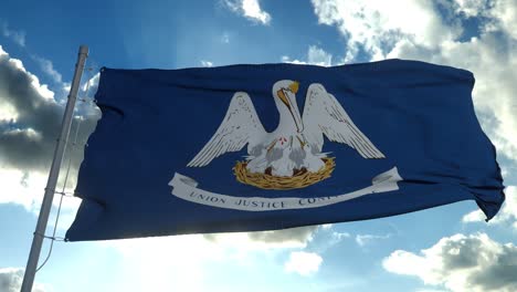 louisiana flag on a flagpole waving in the wind, blue sky background. 4k