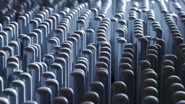 Primo piano di perni metallici in una griglia, illuminazione blu fredda, bassa profondità di campo, perni arrotondati lucidi che si allontanano.