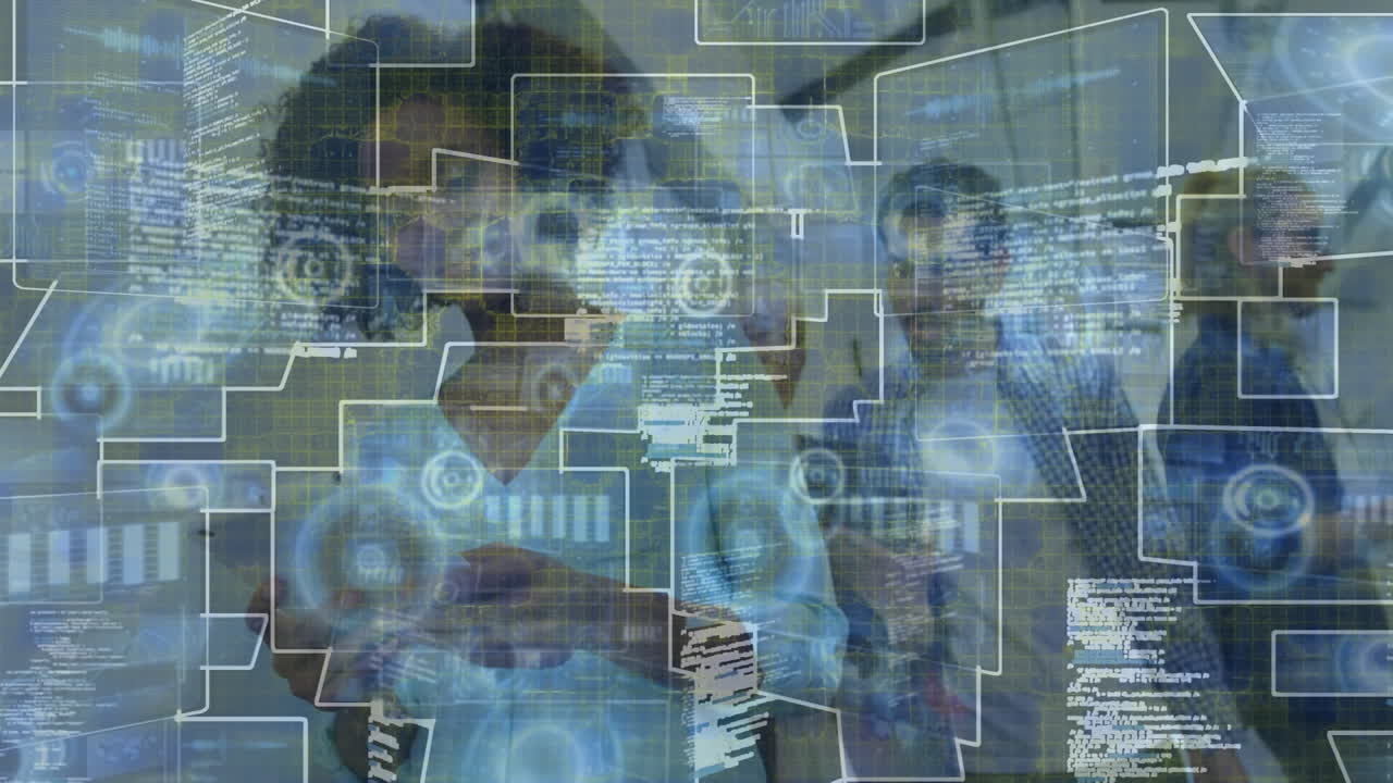 animación de escaneos y procesamiento de datos sobre personas de negocios que utilizan dispositivos electrónicos