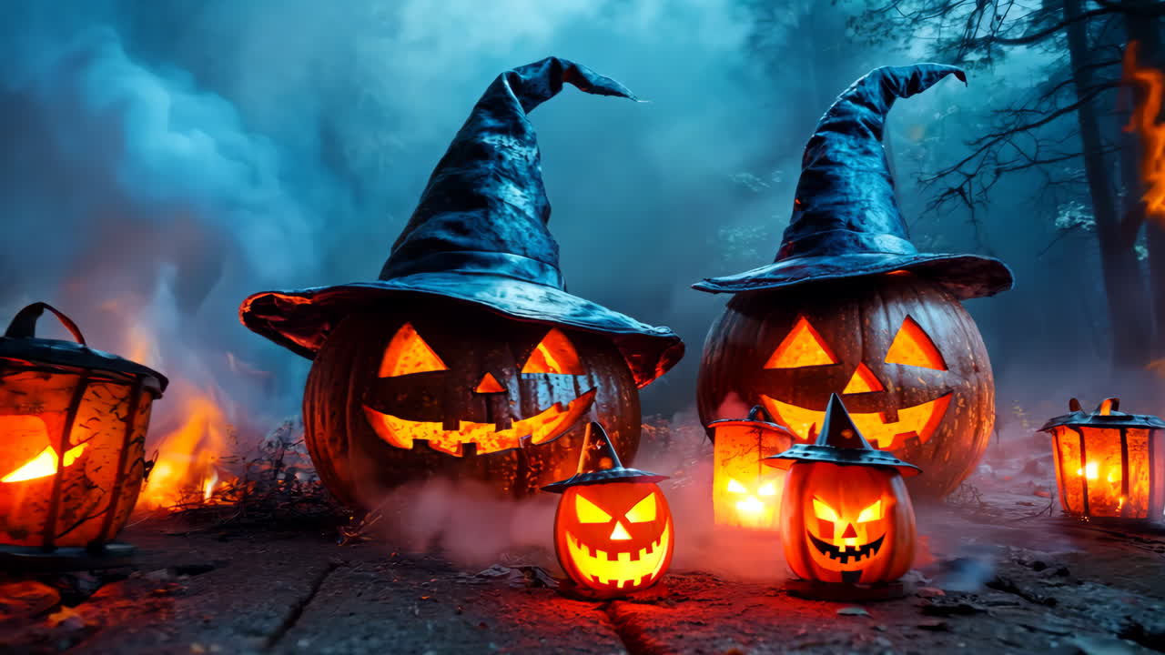 Two witches with glowing eyes and a blue hat stand in front of a fire. The fire is surrounded by four lanterns, and the witches are holding pumpkins. The scene is set in a dark, mysterious atmosphere