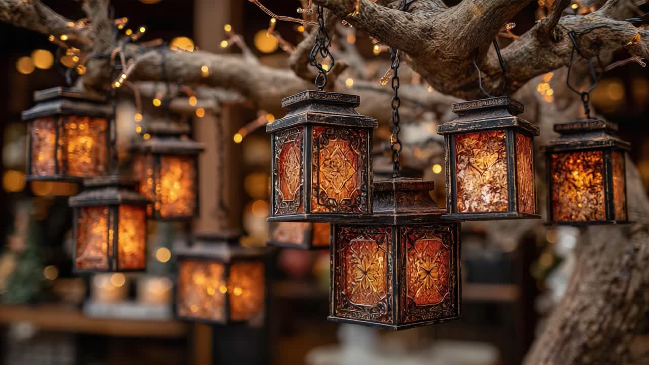 A Cozy Display of Intricately Designed Lanterns Hanging from a Rustic Tree Branch, Emitting Warm Light and Creating an Inviting Atmosphere in a Charming Environment