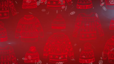 Animation-of-falling-snow-and-christmas-jumper-pattern-over-red-background