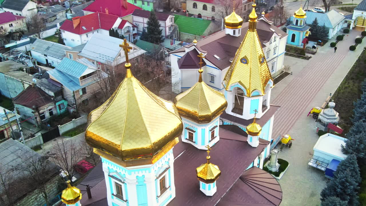 Aerial drone view of the Ciuflea Monastery. Residential buildings on the background. Chisinau, Moldova