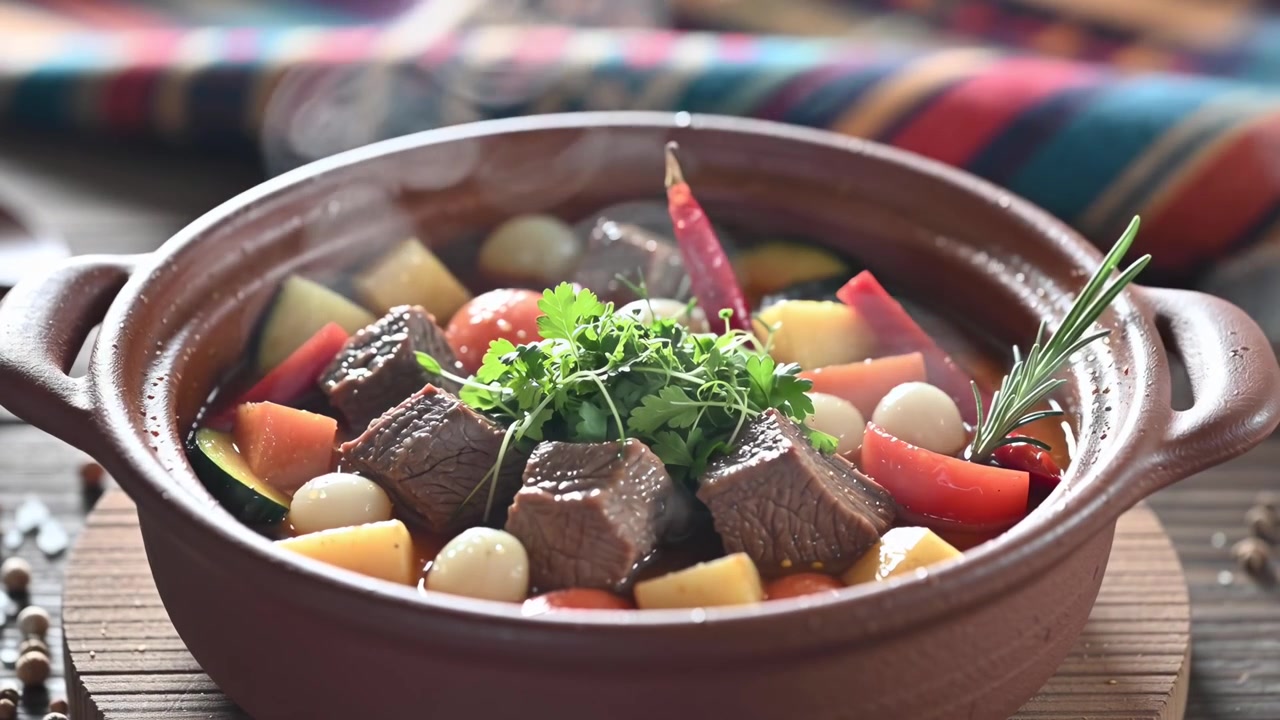 Ensopado fumegante de carne e vegetais em uma panela de barro rústica