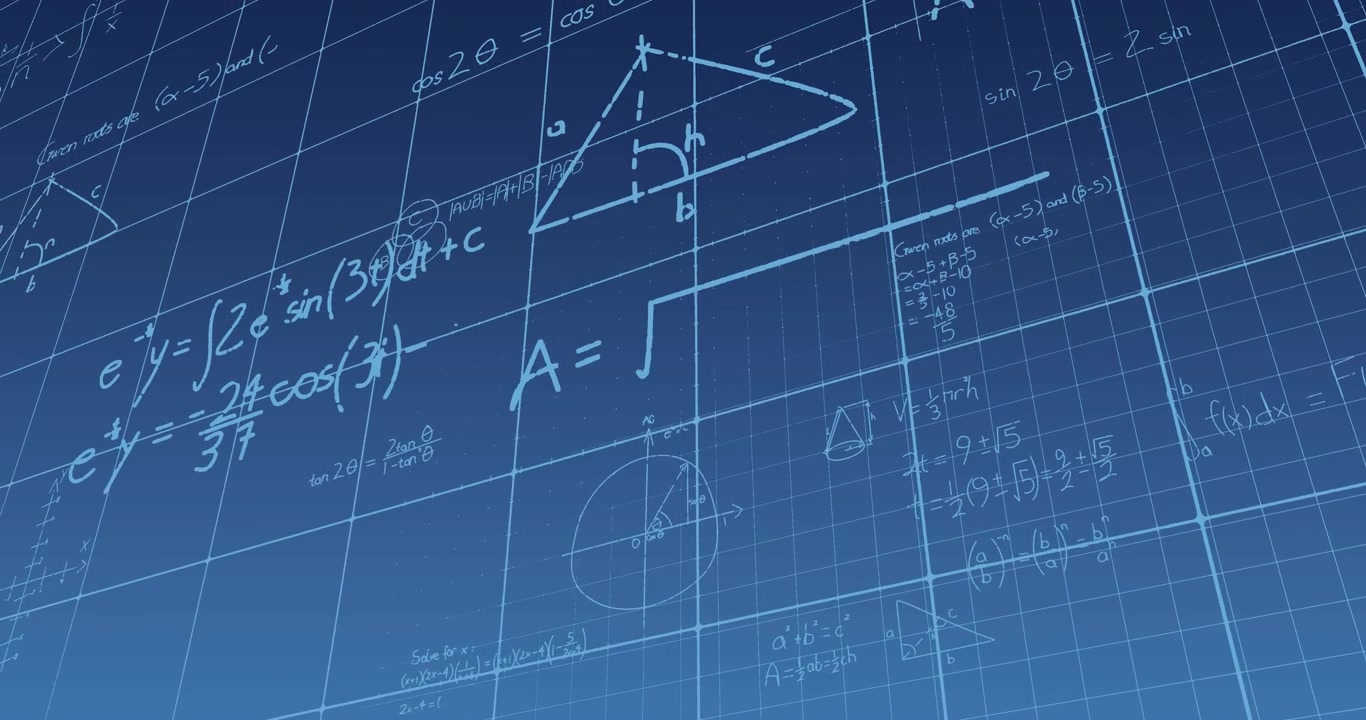A digital animation of mathematics problems on a green background