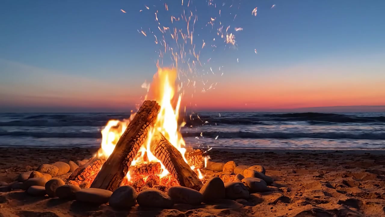Creando calore e bellezza sulla spiaggia, un falò scoppiettante tremola con le fiamme mentre il crepuscolo scende, illuminando le pacifiche onde dell'oceano e la riva sabbiosa.