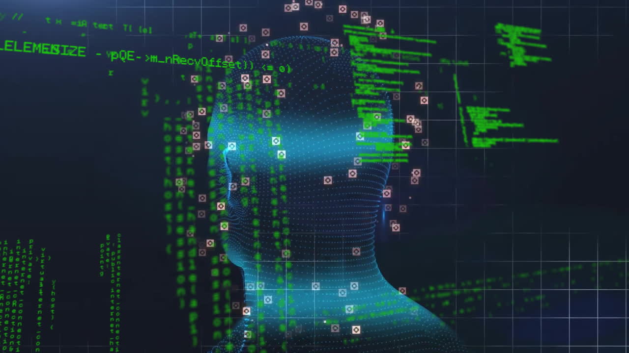 어두운 배경에서 인간의 머리 위에서 데이터 처리의 애니메이션