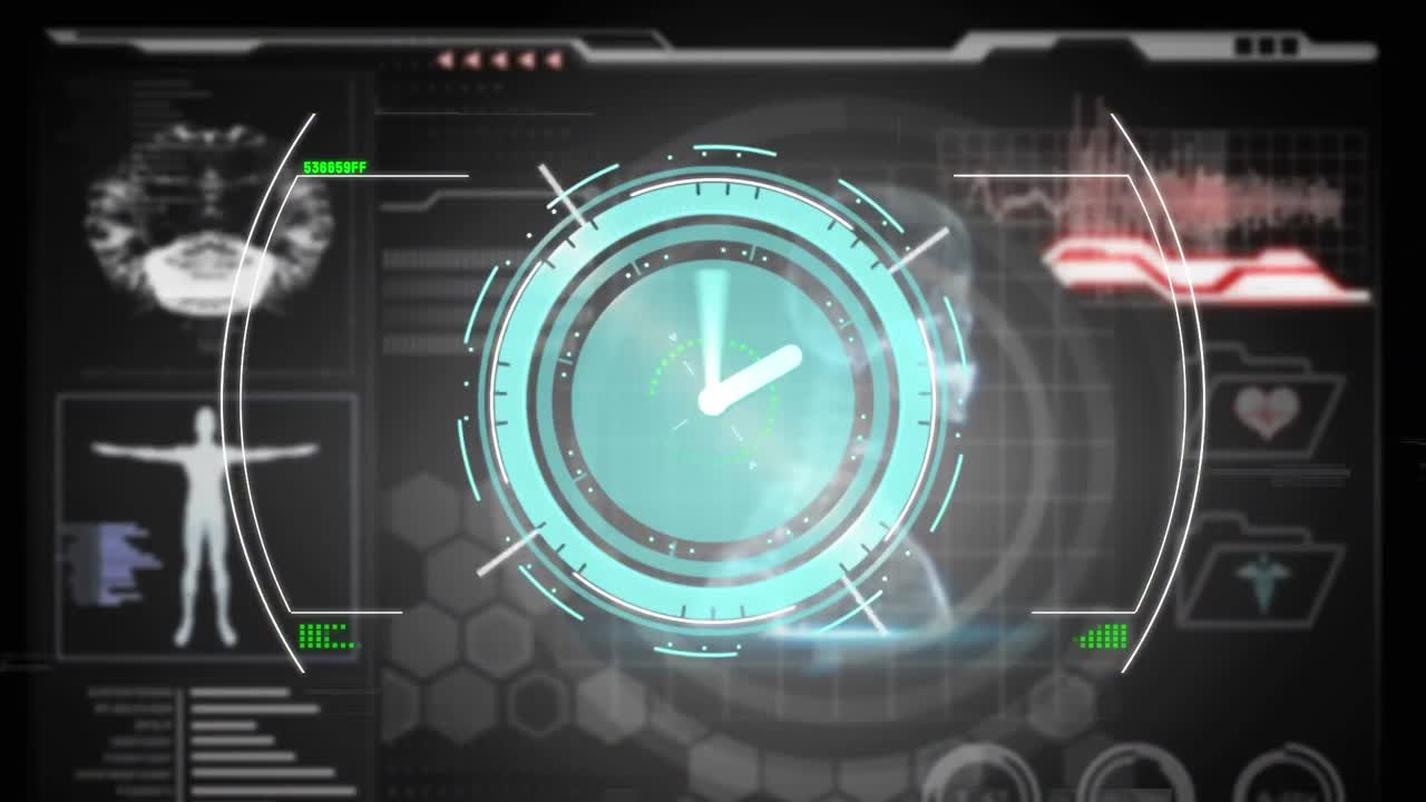 시계 애니메이션, 디지털 인터페이스에서 몸 분석과 함께 데이터에 대한 hud 처리