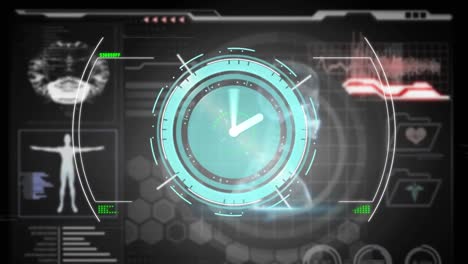 animación del reloj, procesamiento de hud sobre datos con análisis corporal en la interfaz digital