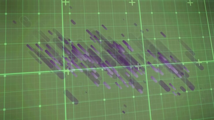 Animation of glowing data processing with markers over grid