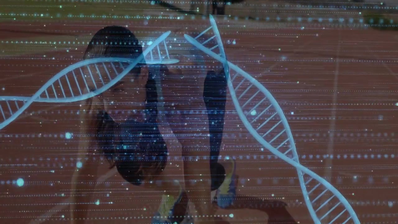 Woman runner taking start on sports track, readying run, DNA overlay crossing torso tracking motion